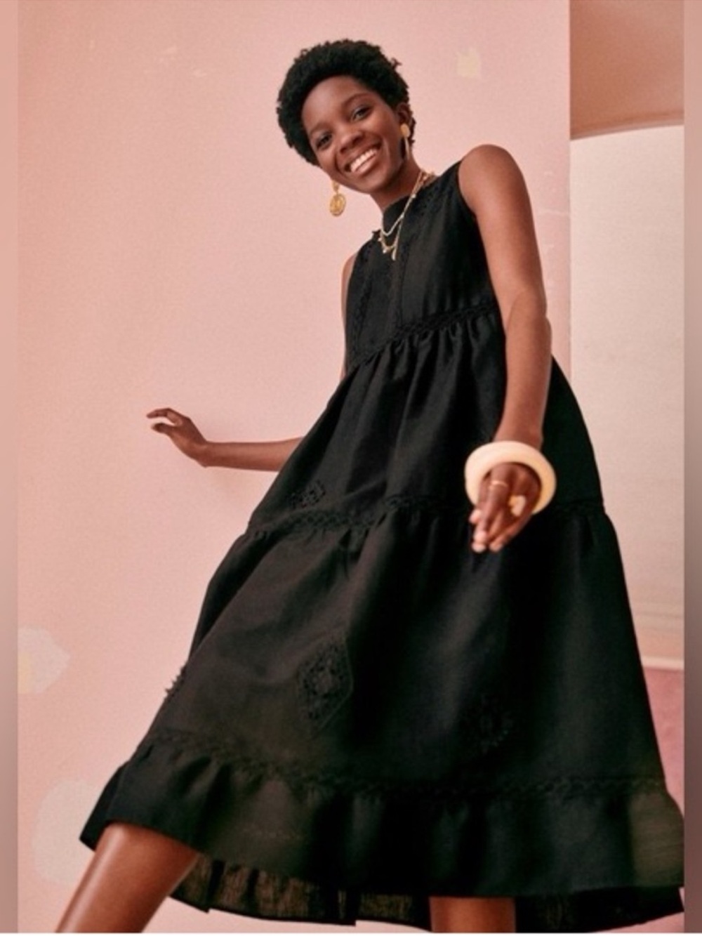 Sezane Black Zarri Dress with Eyelet Detail